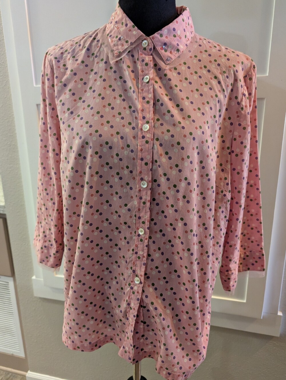 April Cornell Pink Polka Dot Blouse with Embellishments